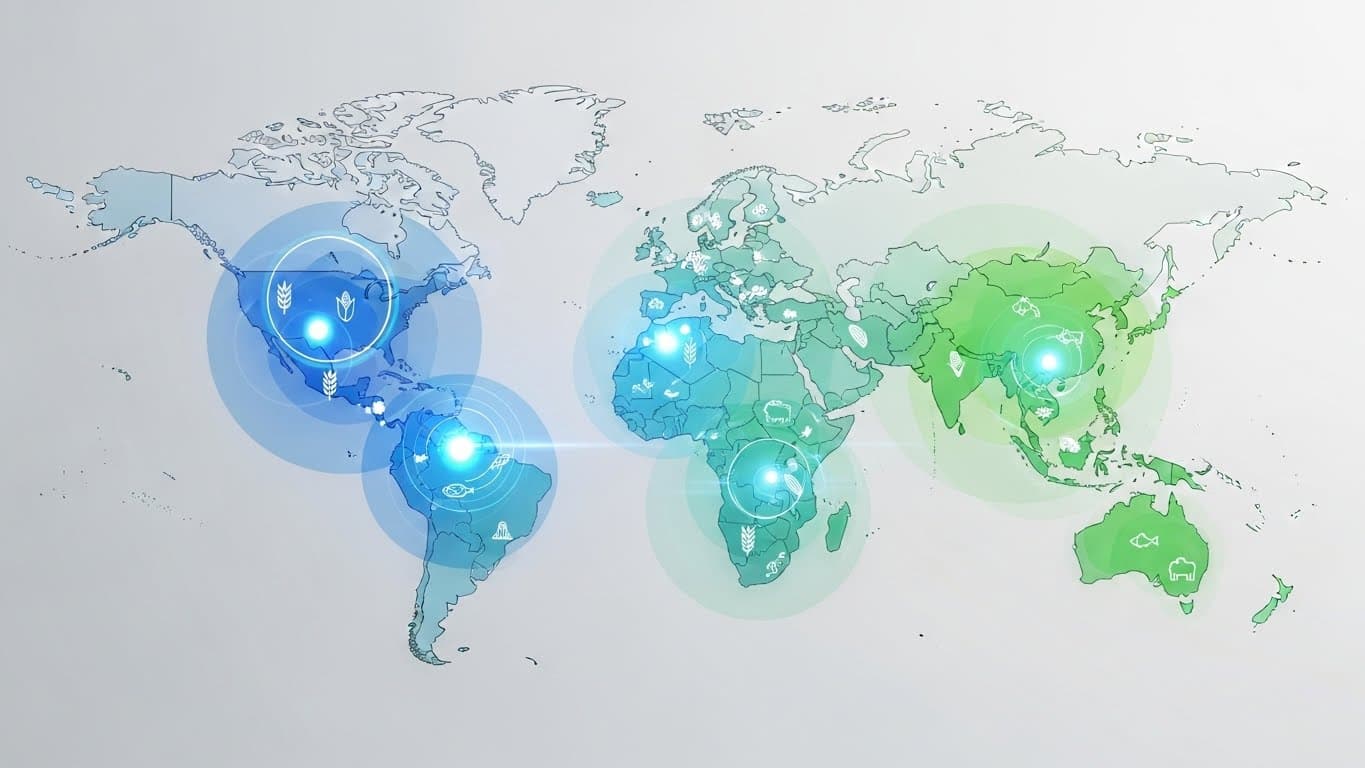 Aerial view of farmland with crop patterns.